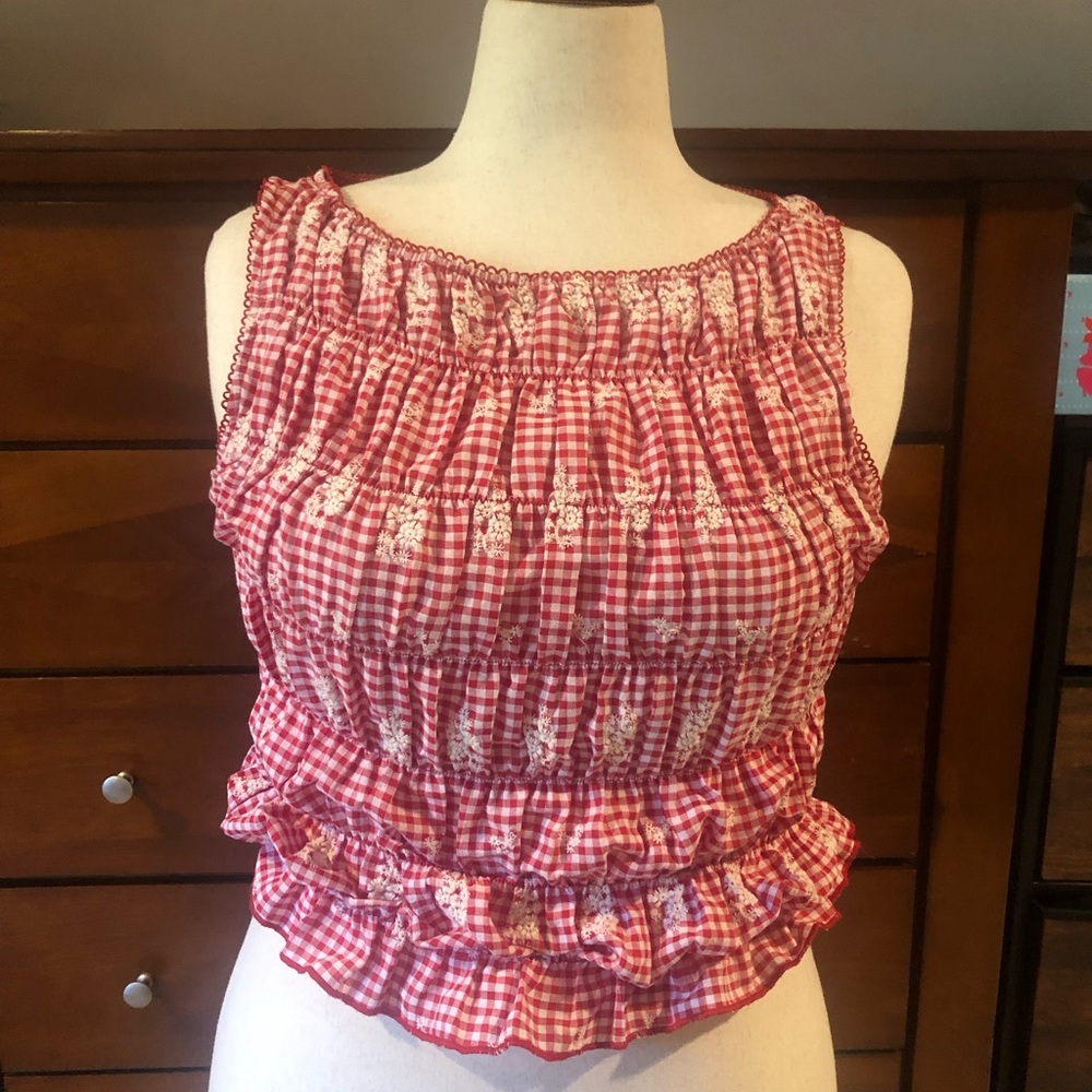 All in Favor Red Gingham Smocked Ruffle Tank Top